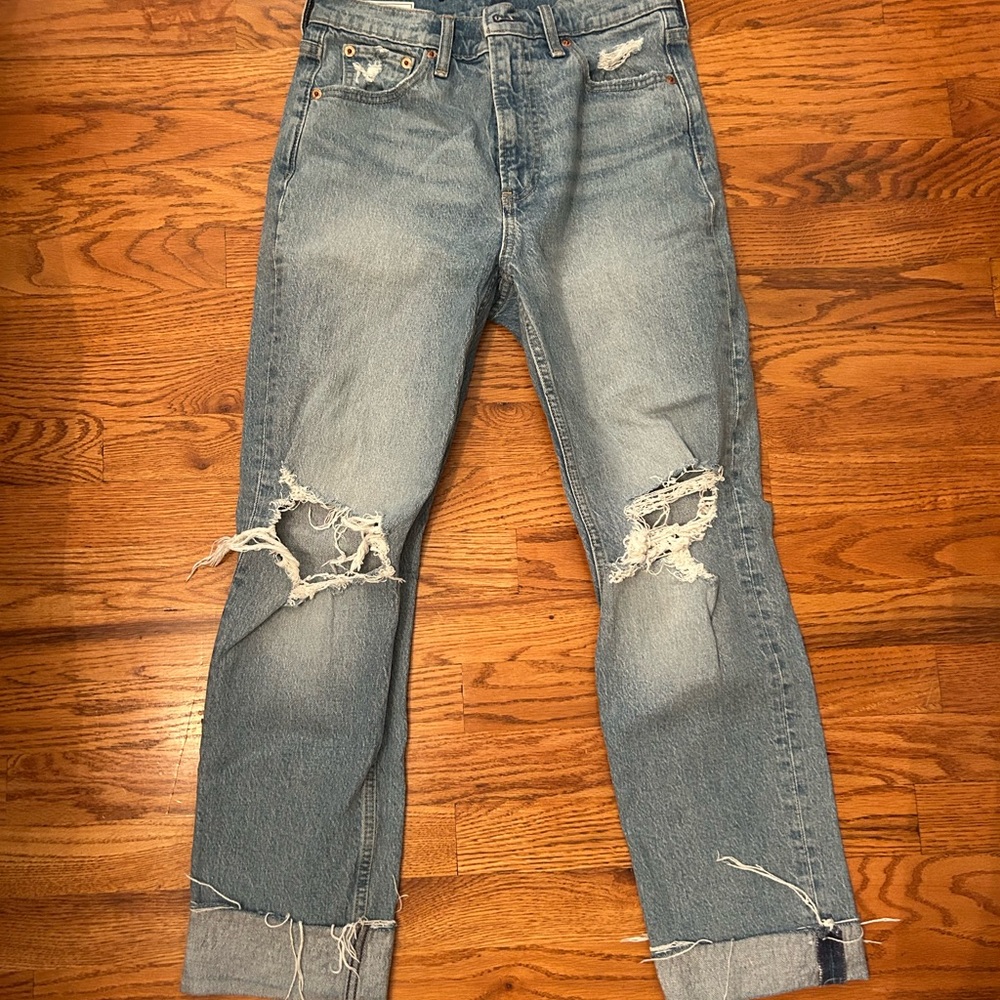 GAP Blue Straight Leg Jeans with Distressed Details